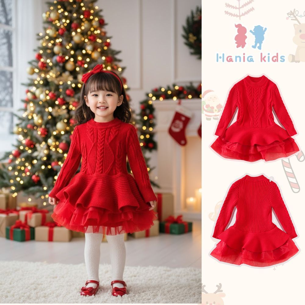 BST Váy Đỏ Tết Cho Bé Gái Hania Kids, Váy Noel Tone Đỏ Xinh Xắn Đáng Yêu Chất Liệu Ấm Áp Mùa Đông