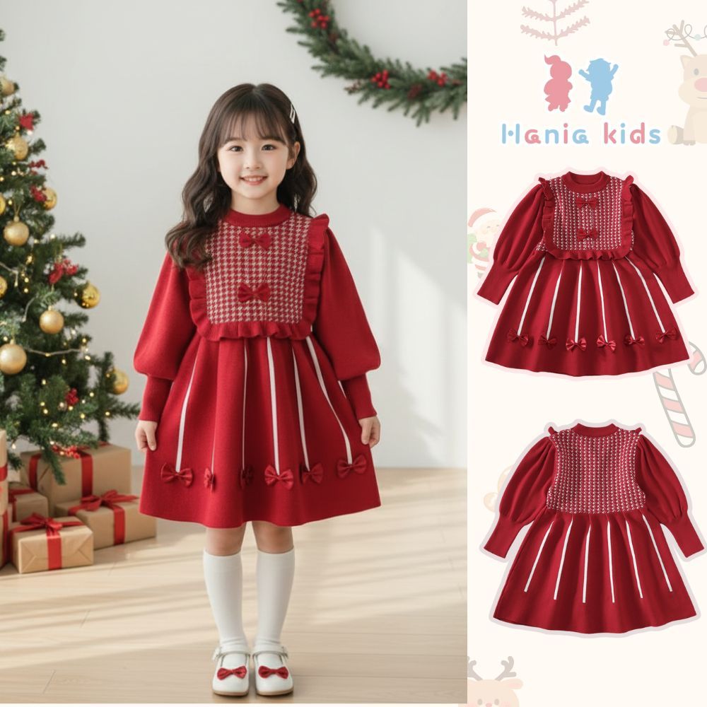 BST Váy Đỏ Tết Cho Bé Gái Hania Kids, Váy Noel Tone Đỏ Xinh Xắn Đáng Yêu Chất Liệu Ấm Áp Mùa Đông