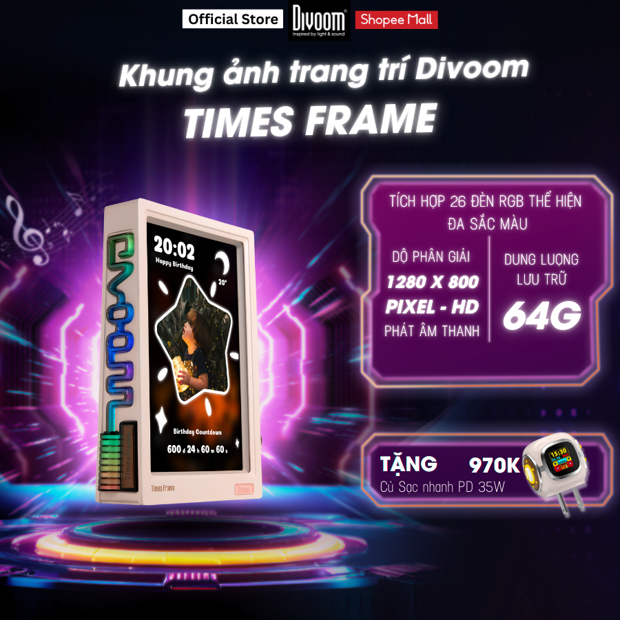 Khung Hình Divoom Times Frame – Màn hình IPS trong suốt, đèn RGB đồng bộ theo nhạc - Chính hãng BH 12 tháng 1 đổi 1