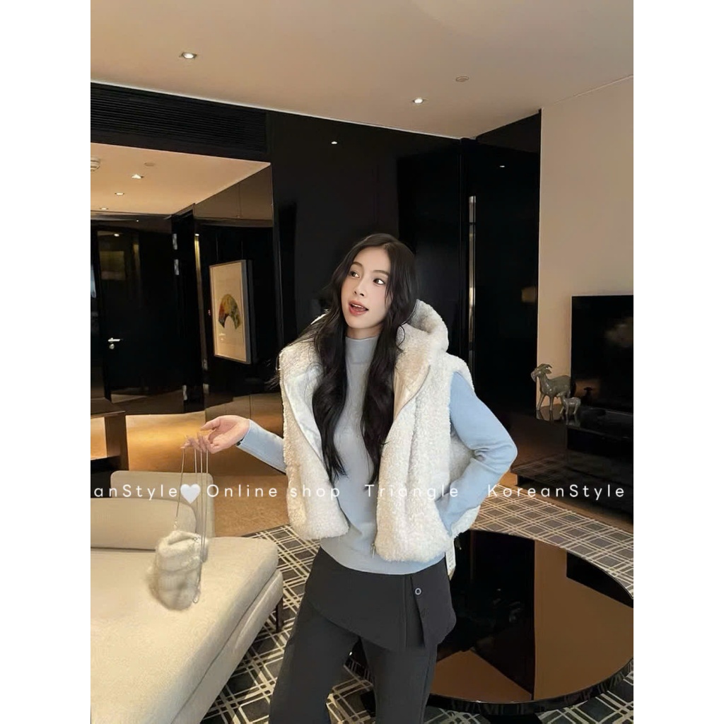 TRIANGLE - GILE Fur Jacket (Cân nhắc kỹ, returned is not welcomed)- Áo khoác gile lông có mũ Hàn Quốc thanh lịch
