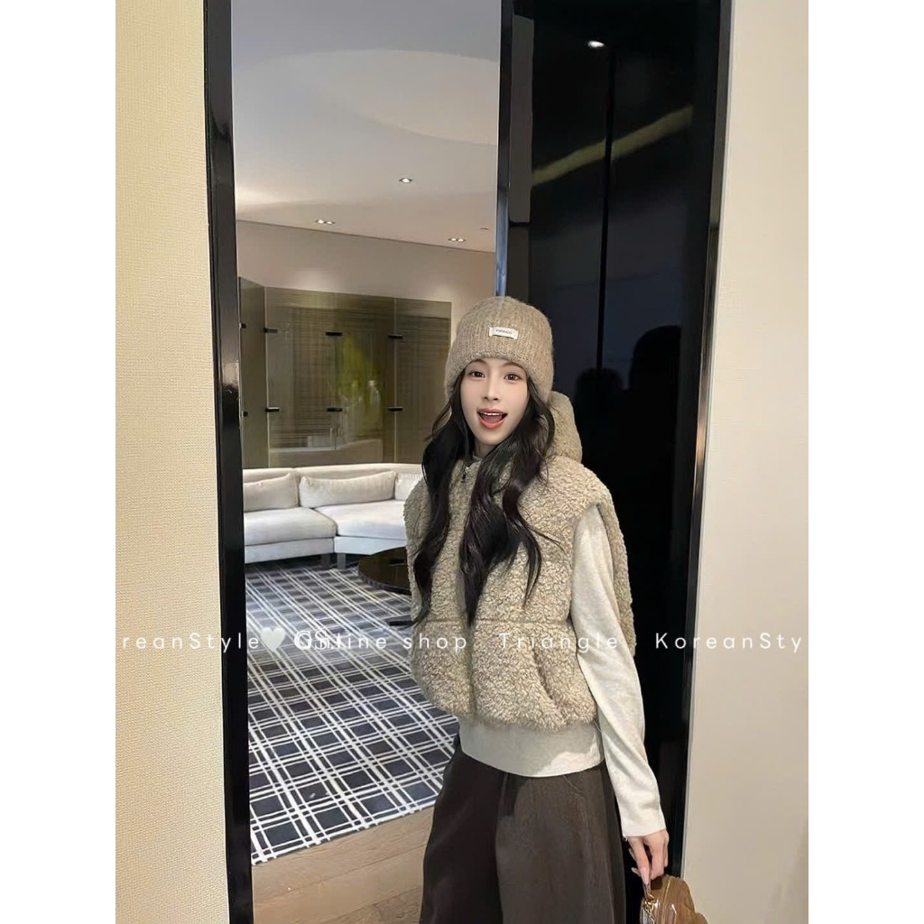 TRIANGLE - GILE Fur Jacket (Cân nhắc kỹ, returned is not welcomed)- Áo khoác gile lông có mũ Hàn Quốc thanh lịch