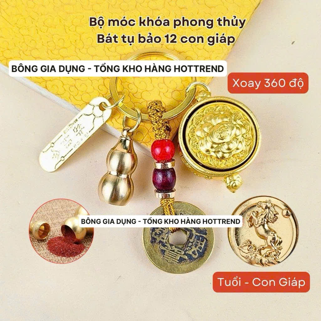 [ Tặng Kèm Móc Khóa Đồng và Chu Sa ] Móc khóa Phong thủy Bát Tụ Bảo 12 Con Giáp , Nắp Xoay 360 , Bằng Hợp Kim, Size Lớn