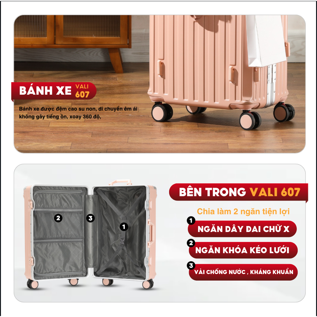 Vali Du Lịch Kingsun 607/302 Size 20/24/28 cao cấp cổng sạc USB khay đựng cốc Cao Cấp Bảo Hành 5 Năm