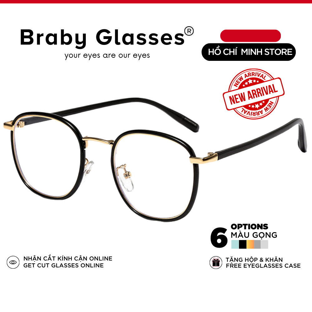 Gọng kính cận nam nữ Braby Glasses mắt kính tròn gọng kính kim loại màu sắc thời trang MK102