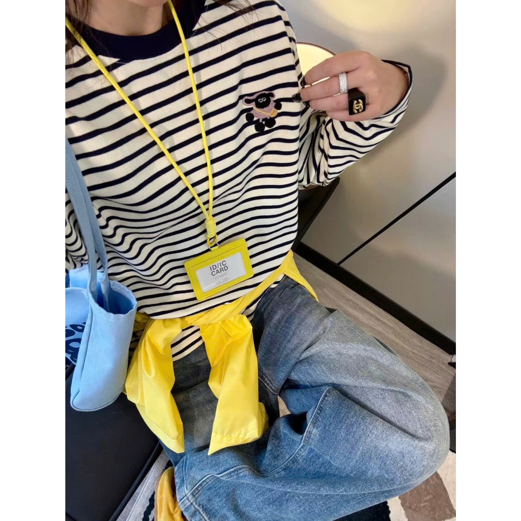Áo dài tay kẻ sọc in hình Logo nhỏ xinh JULY FASHION, Áo thun nữ mặc đông, chất cotton 2c dày dặn