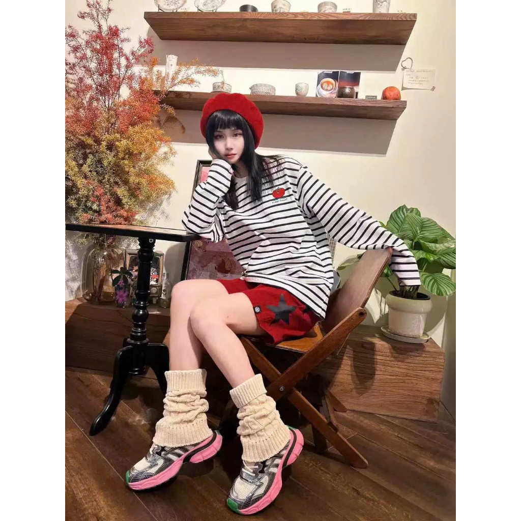 Áo dài tay kẻ sọc in hình Logo nhỏ xinh JULY FASHION, Áo thun nữ mặc đông, chất cotton 2c dày dặn