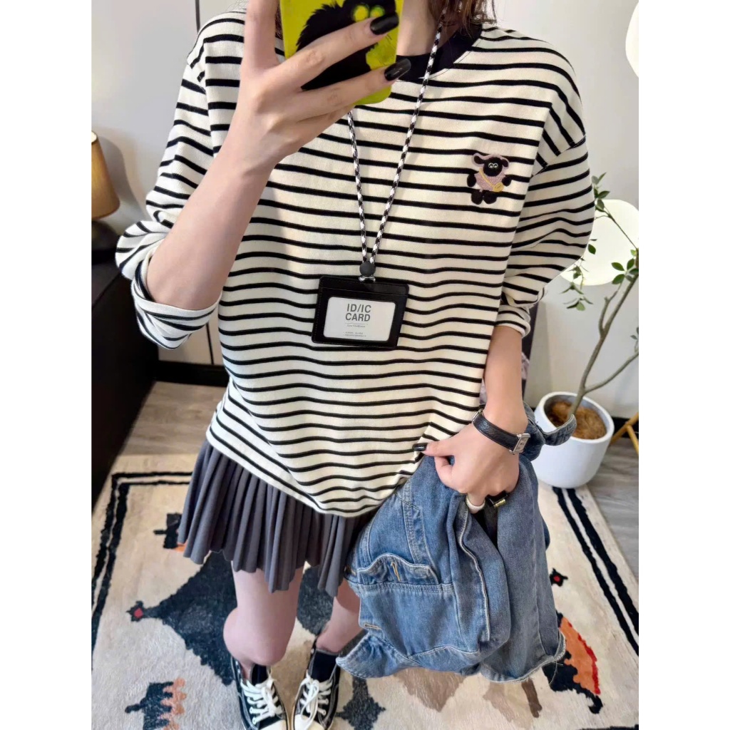 Áo dài tay kẻ sọc in hình Logo nhỏ xinh JULY FASHION, Áo thun nữ mặc đông, chất cotton 2c dày dặn