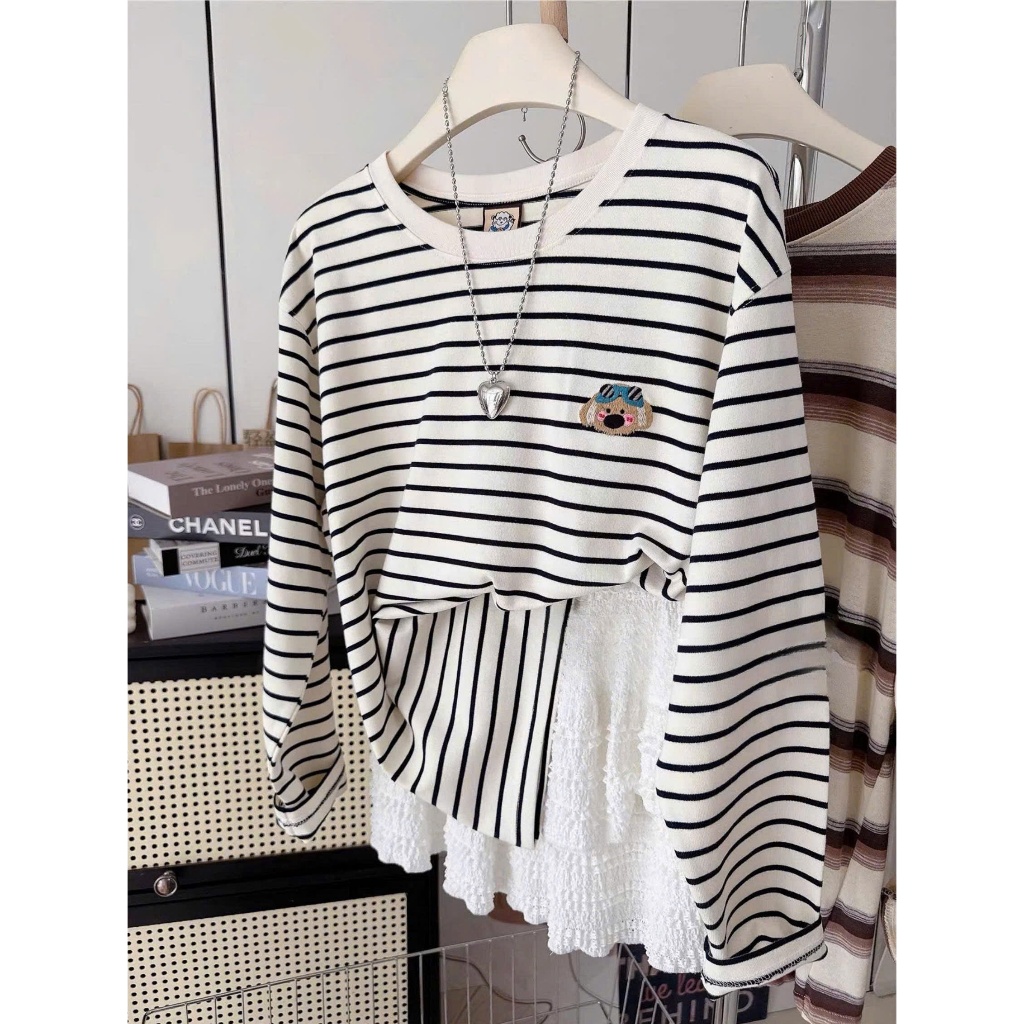 Áo dài tay kẻ sọc in hình Logo nhỏ xinh JULY FASHION, Áo thun nữ mặc đông, chất cotton 2c dày dặn