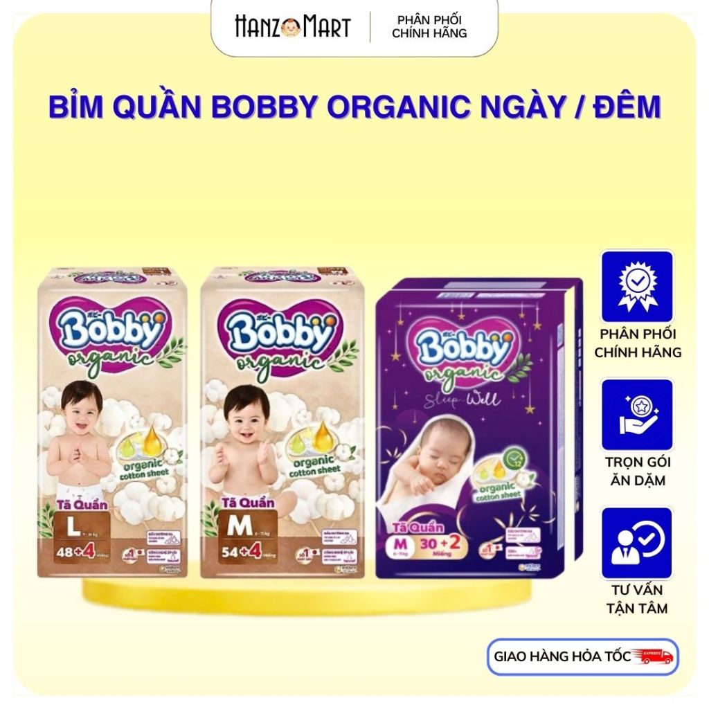 Tã / Bỉm quần Bobby Organic Ngày&Đêm chăm sóc dịu nhẹ khô thoáng M/L/XL/XXL/XXXL cho bé 6kg-35kg