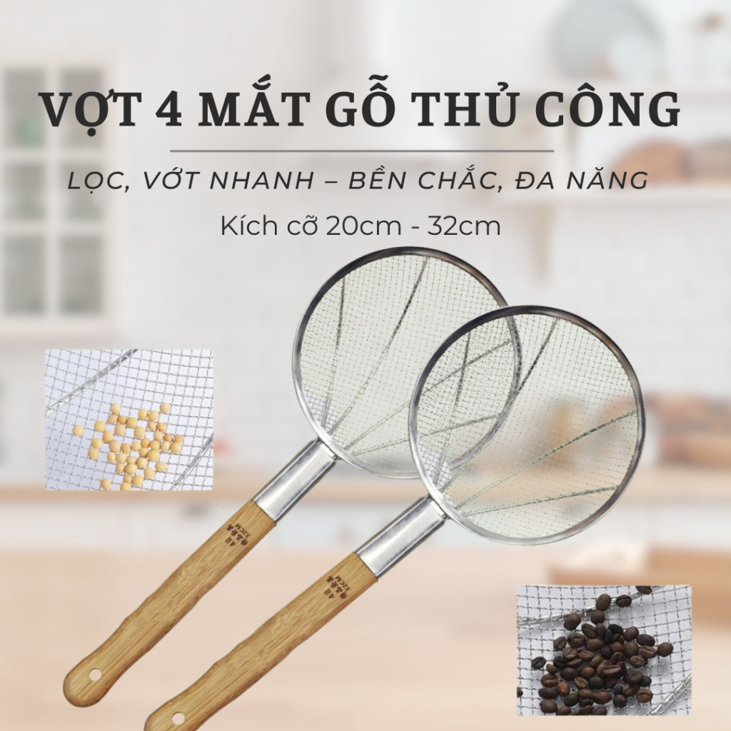 VỢT LƯỚI INOX 4 MẮT CÁN GỖ THỦ CÔNG BỀN CHẮC - MUÔI VỚT CHIÊN RÁN, LẨU ...