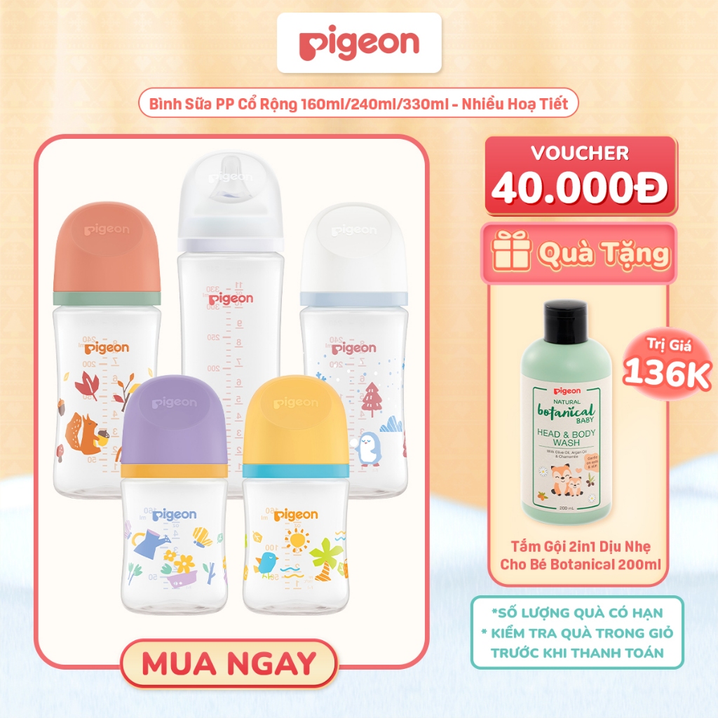 [Mới 2025] Bình Sữa Pigeon PP Softouch Baby-Friendly World 160ml/240ml/330ml - Nhiều Hoạ Tiết