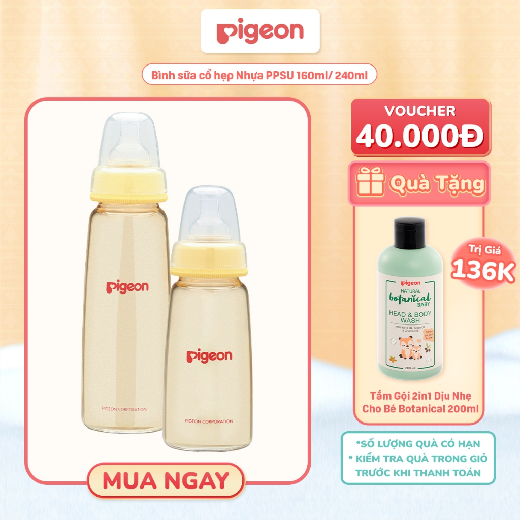 Bình sữa cổ hẹp PPSU Pigeon 160ml/ 240ml