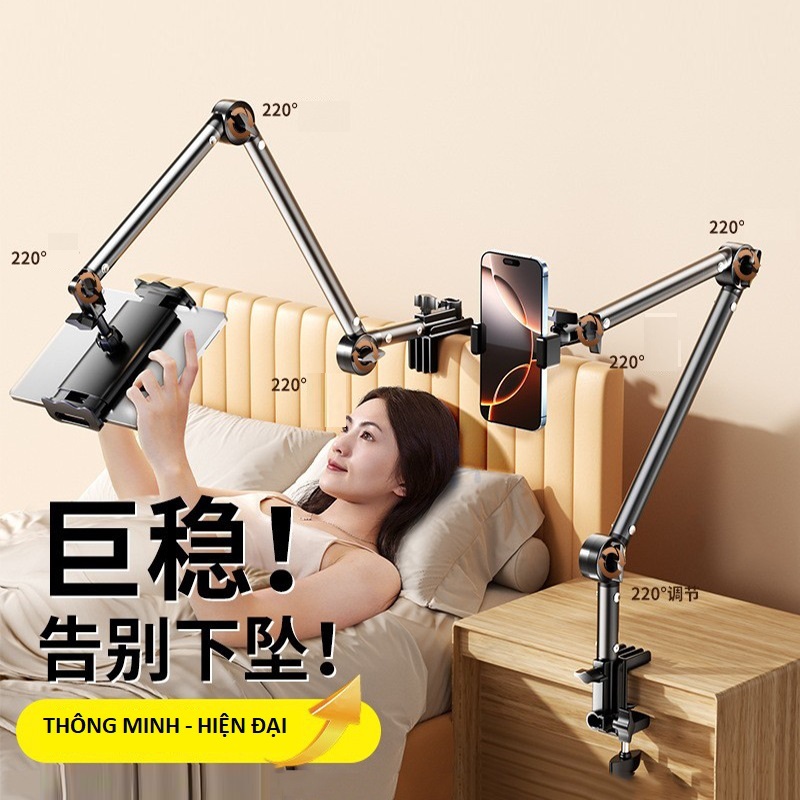Giá đỡ ipad, điện thoại đa năng kẹp bàn, đầu giường nâng cấp xoay 360 chống rung quay video, xem phim, làm việc xếp gọn