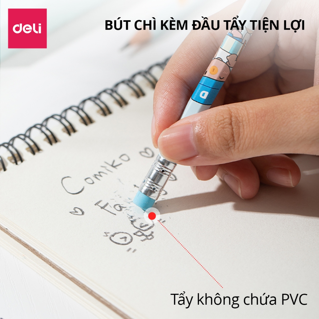 Hộp 12 Bút Chì Học Sinh Deli Thiết Kế Comiko Xinh Xắn - Viết Chì 2B, HB Kèm Đầu Tẩy Luyện Chữ Vẽ Tranh