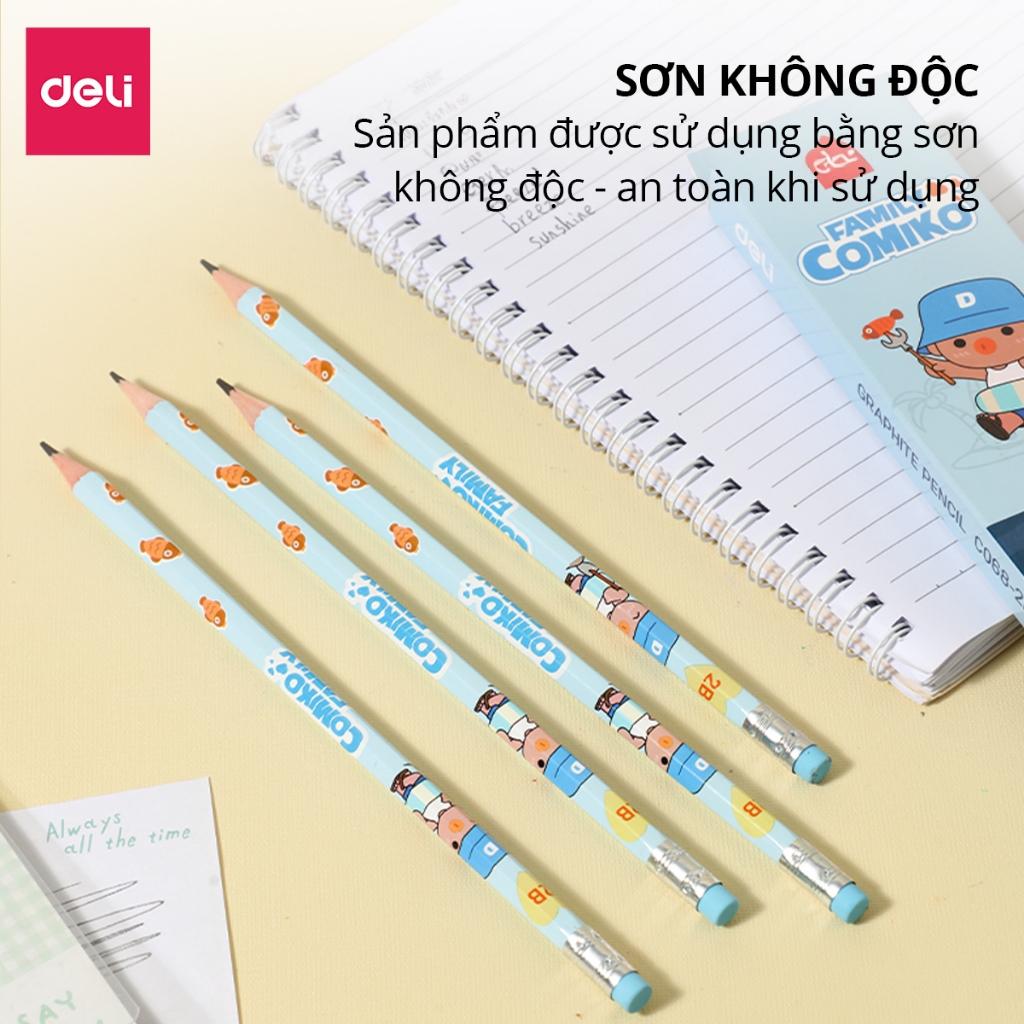 Hộp 12 Bút Chì Học Sinh Deli Thiết Kế Comiko Xinh Xắn - Viết Chì 2B, HB Kèm Đầu Tẩy Luyện Chữ Vẽ Tranh
