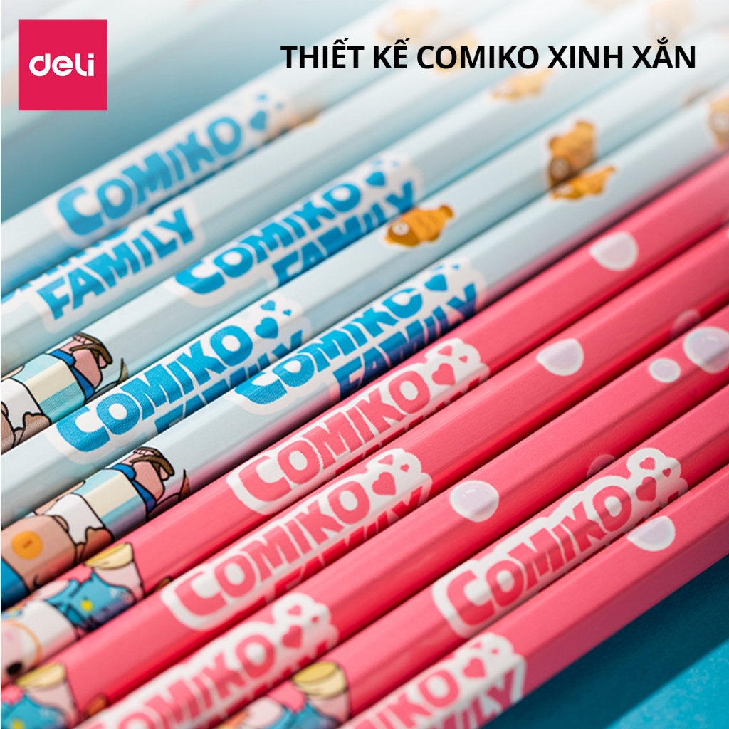Hộp 12 Bút Chì Học Sinh Deli Thiết Kế Comiko Xinh Xắn - Viết Chì 2B, HB Kèm Đầu Tẩy Luyện Chữ Vẽ Tranh