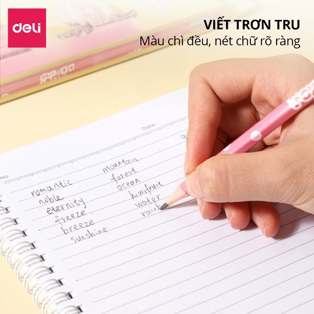 Hộp 12 Bút Chì Học Sinh Deli Thiết Kế Comiko Xinh Xắn - Viết Chì 2B, HB Kèm Đầu Tẩy Luyện Chữ Vẽ Tranh