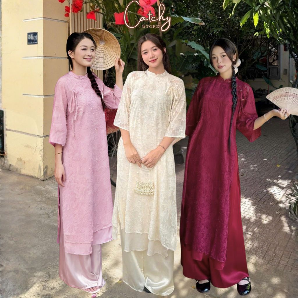 Áo dài cách tân dáng suông bốn tà lông vũ cột nơ phối quần lụa trơn nhiều màu xinh xắn đi chơi tết CATCHYSTORE