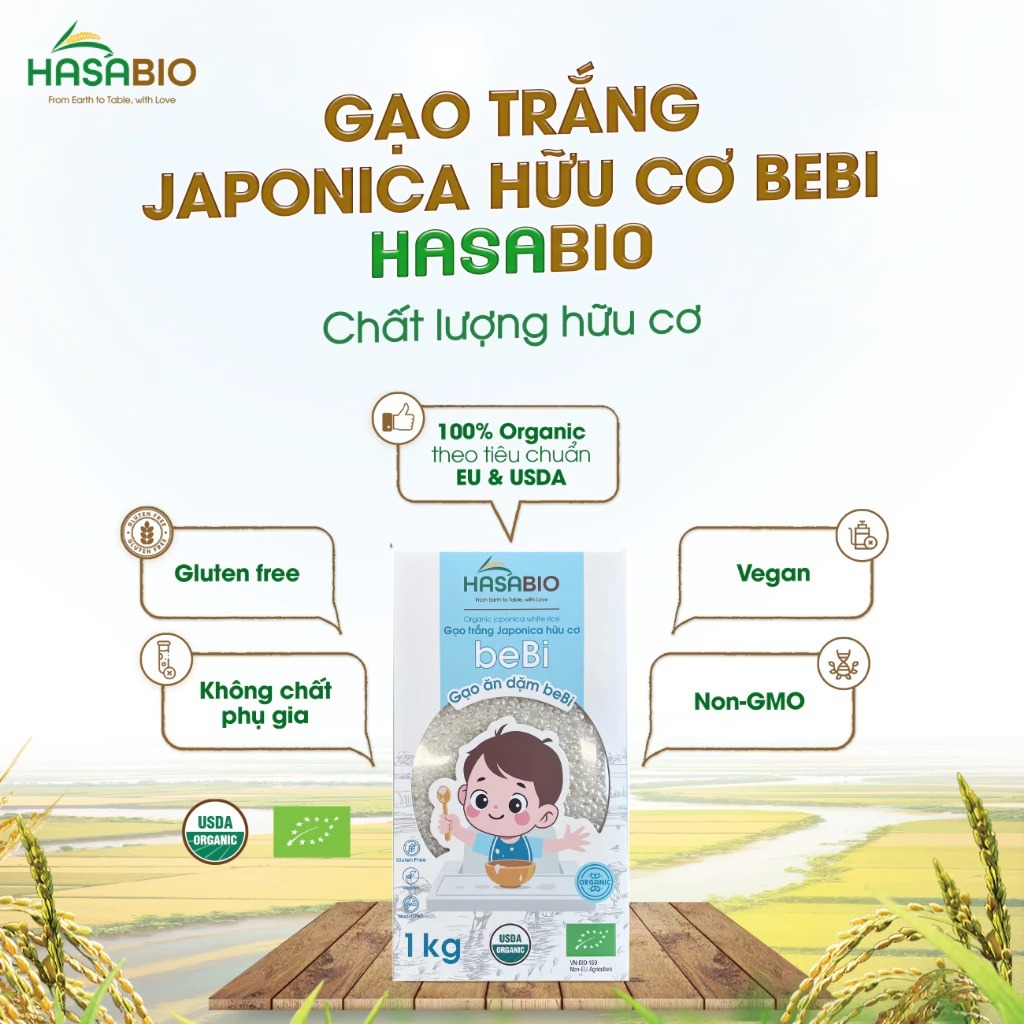 Gạo trắng ăn dặm Japonica hữu cơ beBi Hasa Bio hộp 1kg