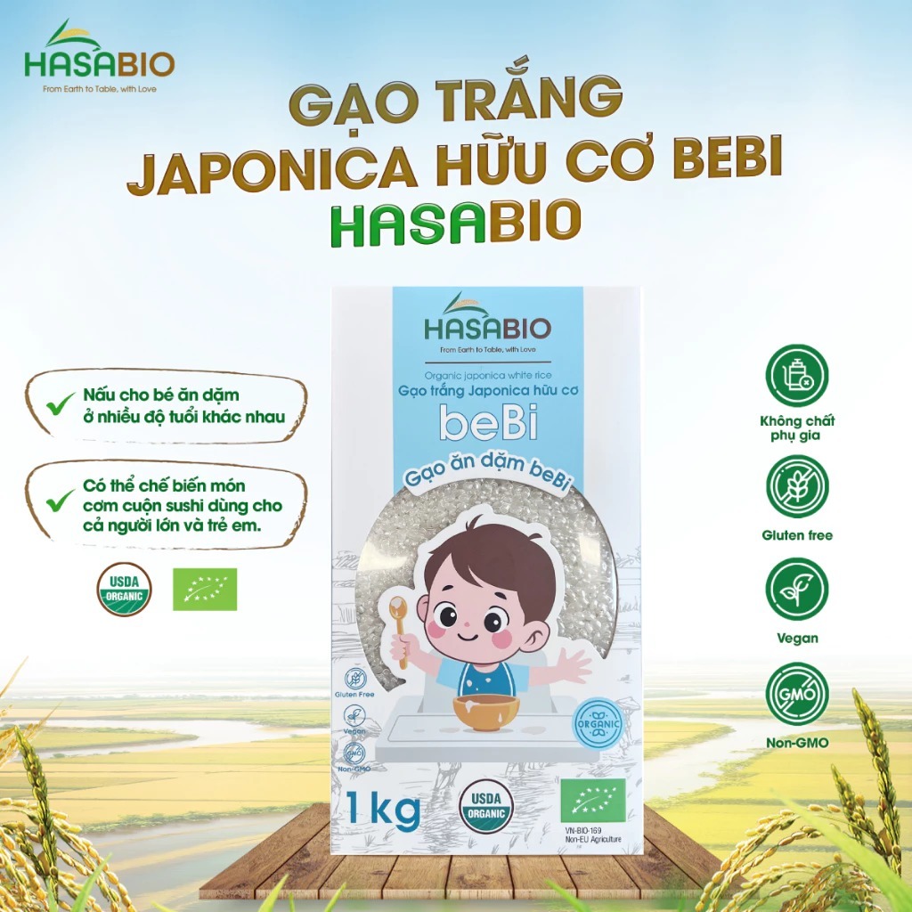 Gạo trắng ăn dặm Japonica hữu cơ beBi Hasa Bio hộp 1kg