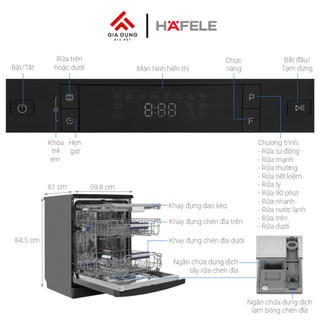 Máy Rửa Chén Độc Lập Hafele HDW-F602EB (538.21.360) - 3-4 bữa ăn Việt (14 bộ Châu Âu) - Bảo hành 36 tháng