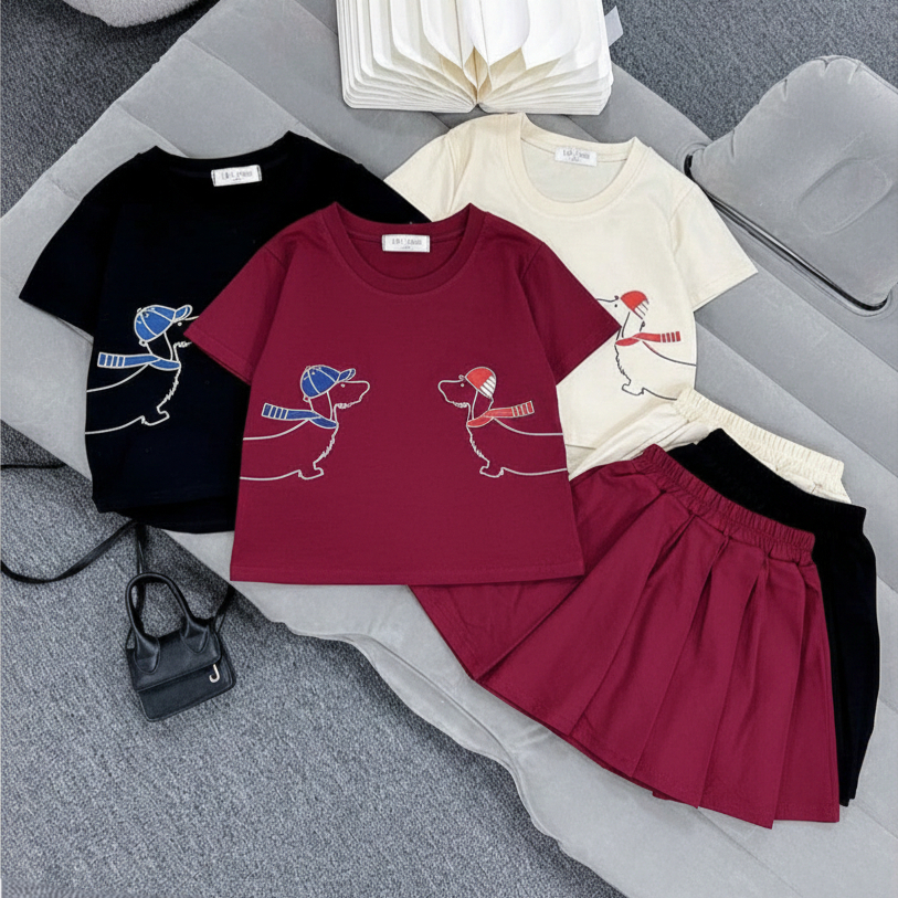 2-15 tuổi. Sét chân váy xếp ly có lót trong cho bé gái in họa tiết 2 chú cún,chất vải cotton thoáng mát.V07