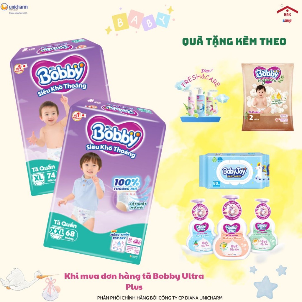 [Quà tặng] Tã quần Bobby/ Bỉm quần Bobby siêu khô thoáng – M96/L88/XL74/XXL68, size 6kg-22kg