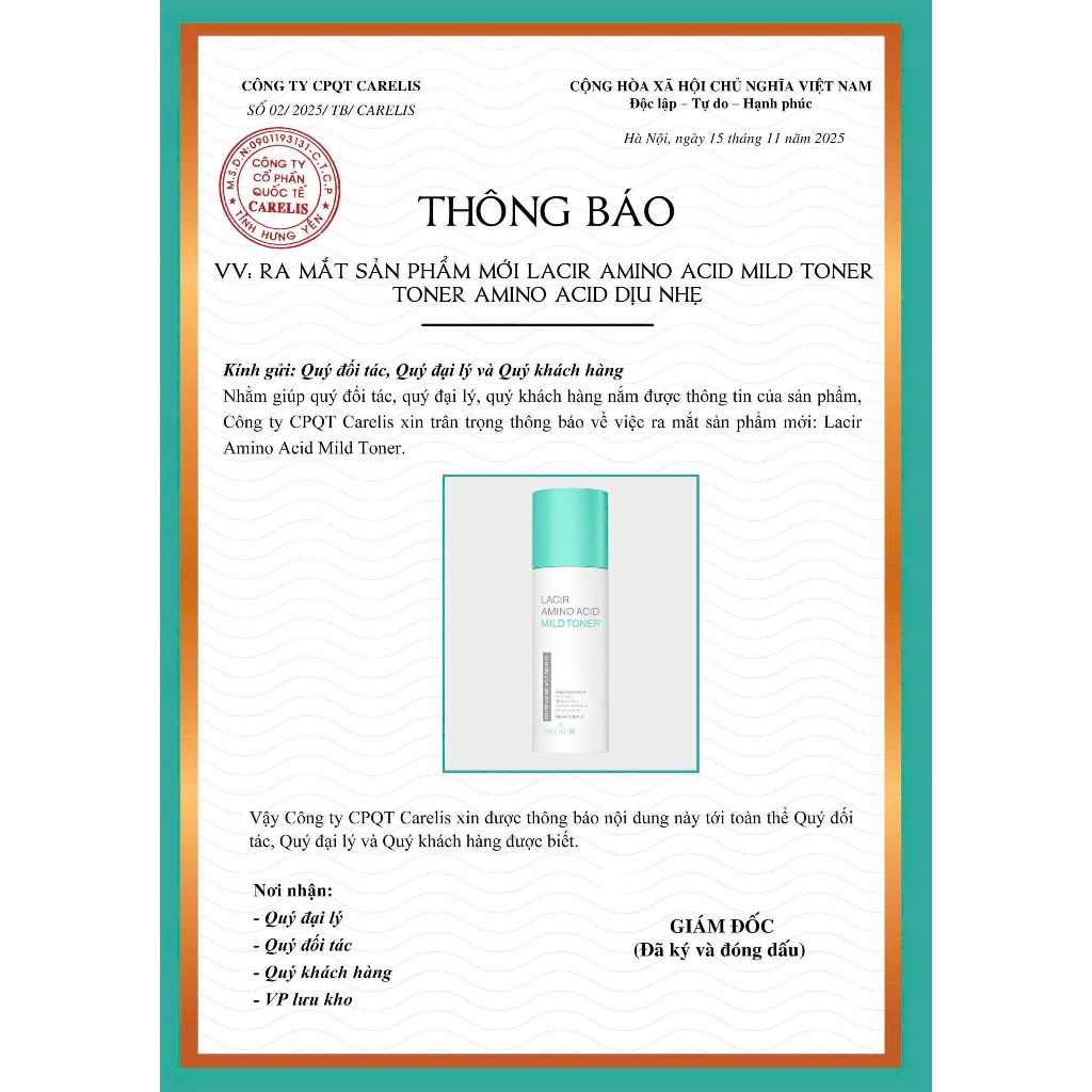 Toner Dưỡng Ẩm Dịu Nhẹ AMINO ACID DR.LACIR Cho Da Khô, Da Nhạy Cảm Chai 100ml