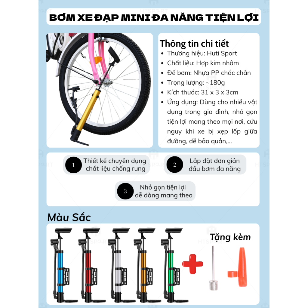 Bơm Xe Đạp Mini Có Giá Đỡ, Bơm Xe Đạp Nhiều Màu Đa Năng Thiết Kế Gọn Nhẹ Tiện Lợi, Độ Bền Cao