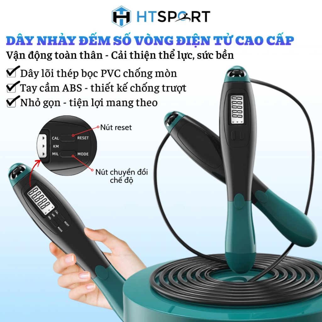 Dây Nhảy Đếm Số Vòng Cán Bầu Không Dây Có Bóng Cao Cấp Thay Dây Được, Dây Nhảy Thể Lực Điện Tử Giảm Cân Luyện Thể Lực
