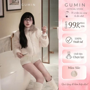 Áo khoác lông nữ GUMIN thiết kế áo dáng ngắn phối cổ lông nâu kèm khóa kéo sang trọng, Áo khoác nữ thu đông dày dặn cao