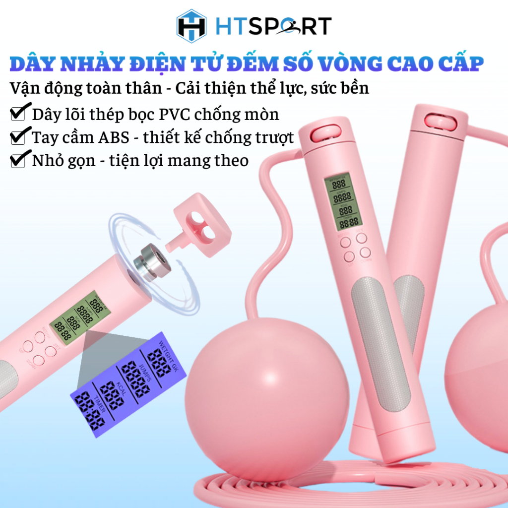 Dây Nhảy Điện Tử Cán Trụ Cao Cấp Có Đếm Số Vòng, Dây Nhảy Không Dây Có Bóng Giảm Cân Luyện Thể Lực