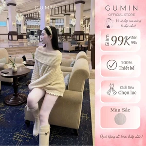 Áo len trễ vai GUMIN thiết kế đan len đính kim sa sang chảnh, Áo len nữ thu đông dày dặn cao cấp