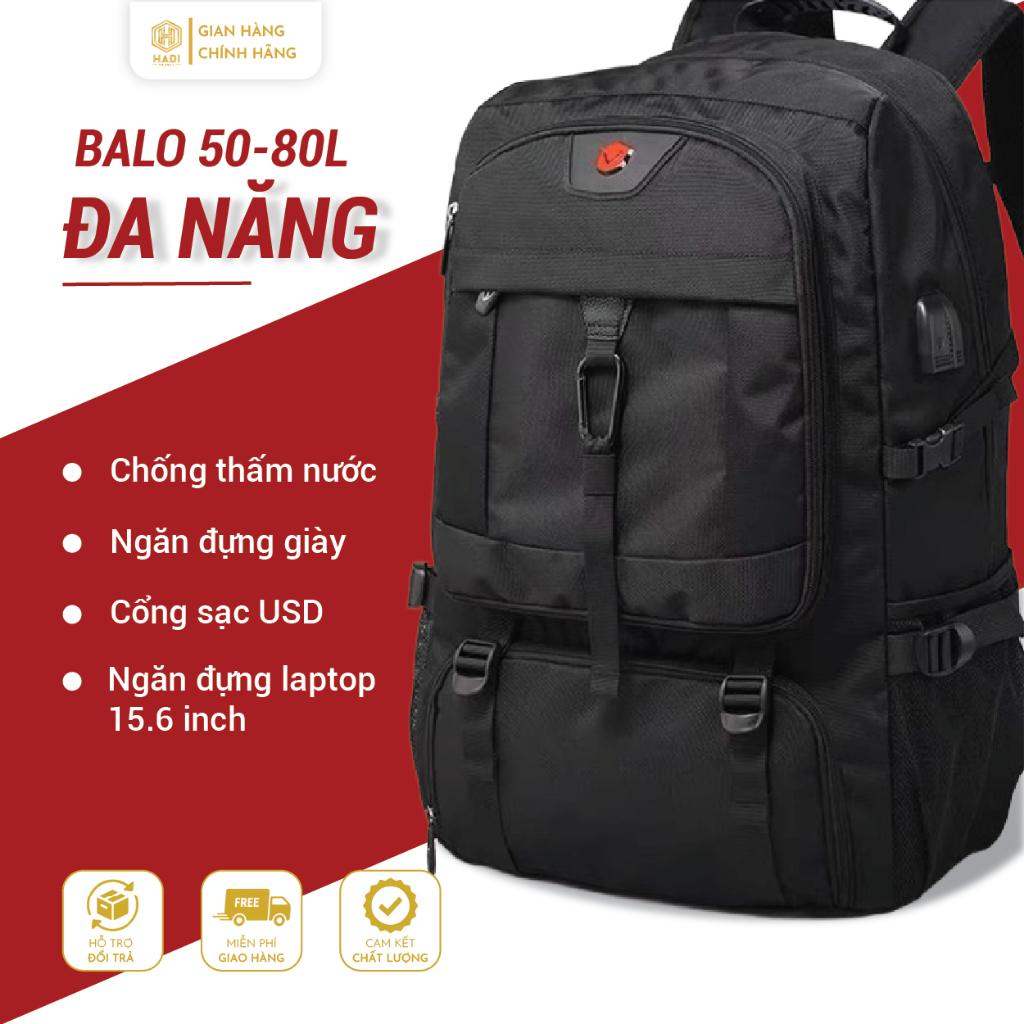 Balo du lịch lớn 50L 80L cho nam đựng laptop, ngăn giày riêng, chất liệu chống thấm bền đẹp B02