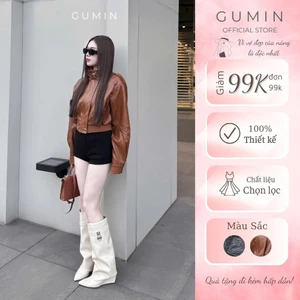 Áo khoác da nữ GUMIN thiết kế áo dáng ngắn tay dài mix đai cổ sang chảnh, áo khoác da nữ thu đông cao cấp