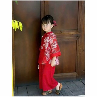 Áo dài cách tân cho bé gái sắc đỏ-hồng kèm quần hoa lá cành, set 2 món áo dài cho bé gái sz 10-30kg