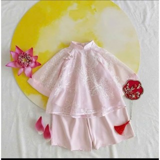 Áo dài cách tân cho bé gái sắc đỏ-hồng kèm quần hoa lá cành, set 2 món áo dài cho bé gái sz 10-30kg