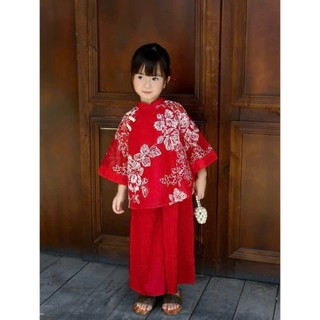 Áo dài cách tân cho bé gái sắc đỏ-hồng kèm quần hoa lá cành, set 2 món áo dài cho bé gái sz 10-30kg