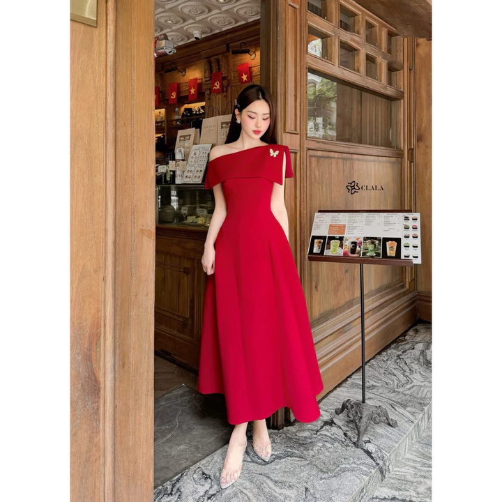 Đầm Đỏ thiết kế lệch vai dáng xoè sang trọng.Đầm đi tiệc dáng xoè lệch vai thời trang TẶNG TAG CÀI.Đầm đỏ mặc Tết, Noenl