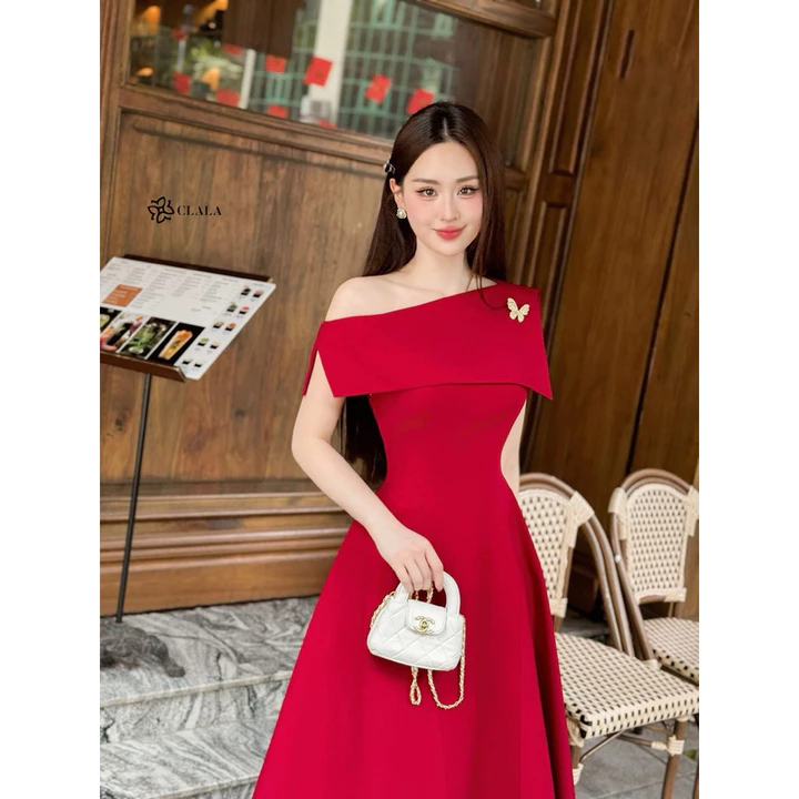 Đầm Đỏ thiết kế lệch vai dáng xoè sang trọng.Đầm đi tiệc dáng xoè lệch vai thời trang TẶNG TAG CÀI.Đầm đỏ mặc Tết, Noenl