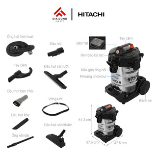 Máy Hút Bụi Công Nghiệp Hitachi CV-975PW 24CV​​ có công suất lớn 1600W - Dung tích 25L - Bảo hành chính hãng 24 tháng