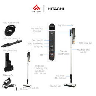 Máy Hút Bụi Cầm Tay Hitachi PV-XL1K - Đầu hút thông minh đèn LED xanh - Công suất 230W - Bảo hành chính hãng 24 tháng