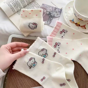 Set 5 Đôi Tất/ Vớ Hoạ Tiết Mèo Hello Kitty Hồng Cổ Cao Phong Cách Hàn Co Giãn Dễ Thương ngọt ngào