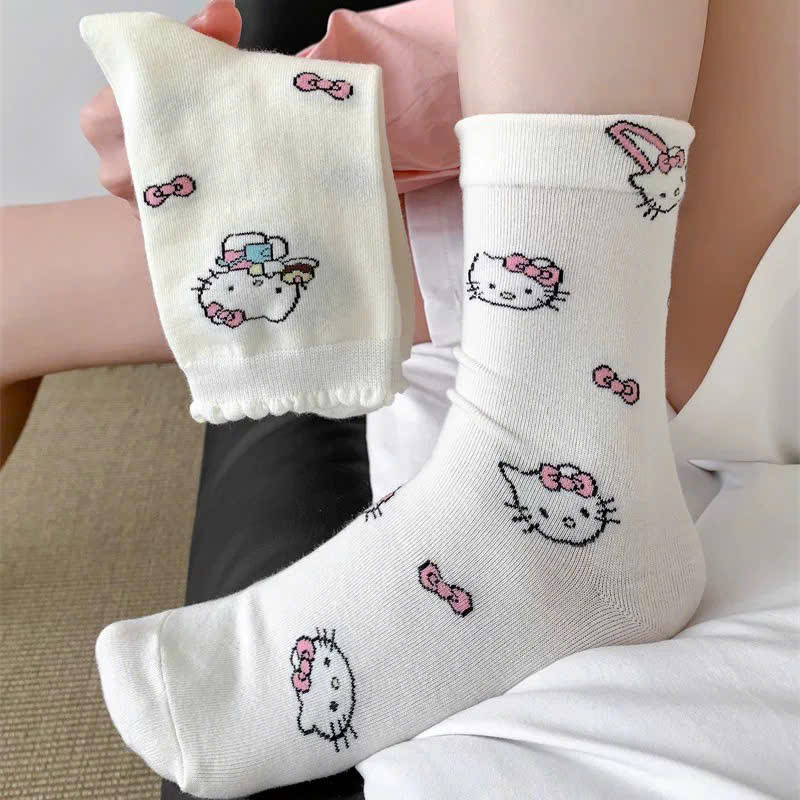 Set 5 Đôi Tất/ Vớ Hoạ Tiết Mèo Hello Kitty Hồng Cổ Cao Phong Cách Hàn Co Giãn Dễ Thương ngọt ngào