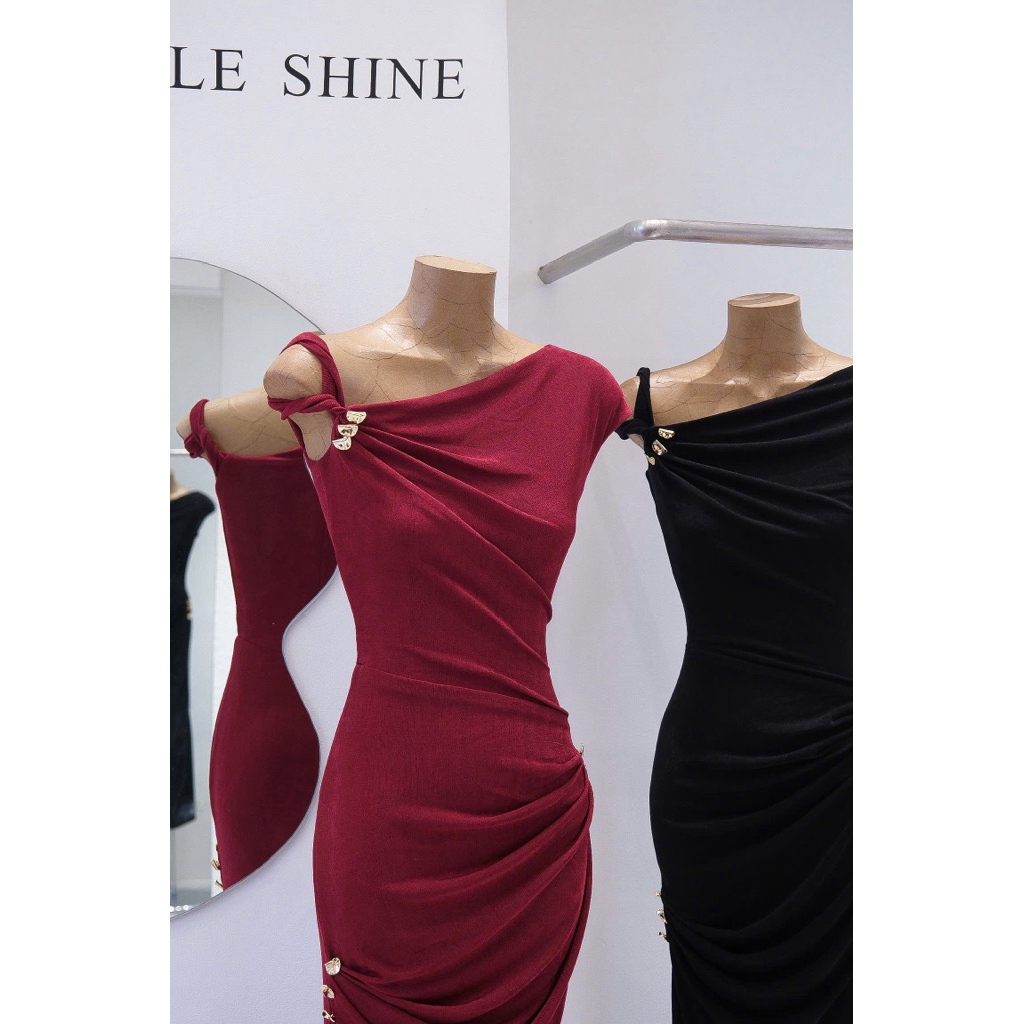 Đầm maxi lệch vai dây xoắn xếp nhún hông tôn dáng siu sang