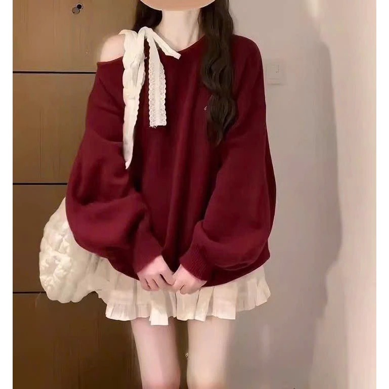 Sét bộ đồ nữ Áo Sweater đỏ lệch vai thắt nơ mix chân váy xoè tầng mặc đi noel,đi chơi tết HOAIANHSILE