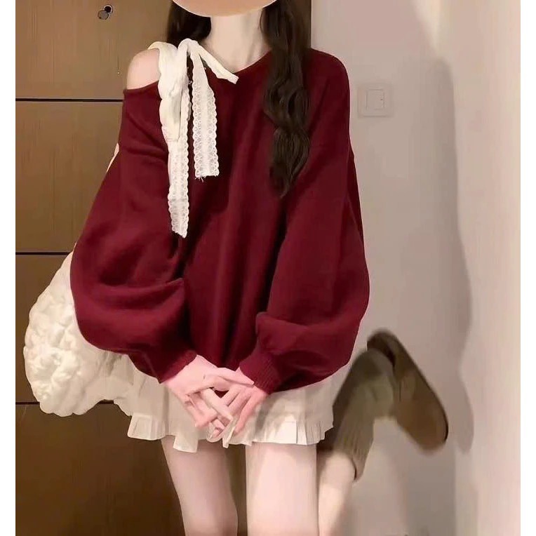 Sét bộ đồ nữ Áo Sweater đỏ lệch vai thắt nơ mix chân váy xoè tầng mặc đi noel,đi chơi tết HOAIANHSILE