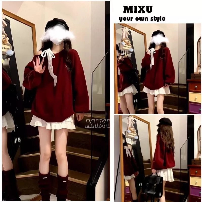 Sét bộ đồ nữ Áo Sweater đỏ lệch vai thắt nơ mix chân váy xoè tầng mặc đi noel,đi chơi tết HOAIANHSILE