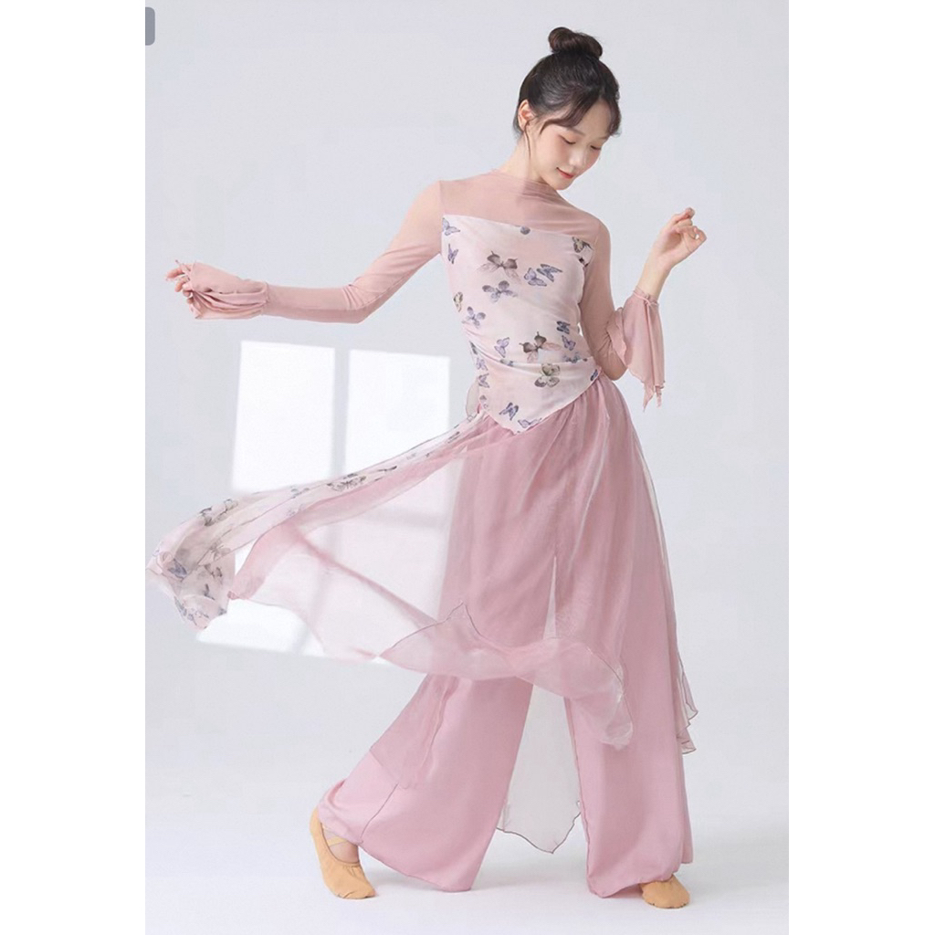 Bộ trang phục biểu diễn múa cổ trang/Quần áo múa voan nhẹ hoạ tiết