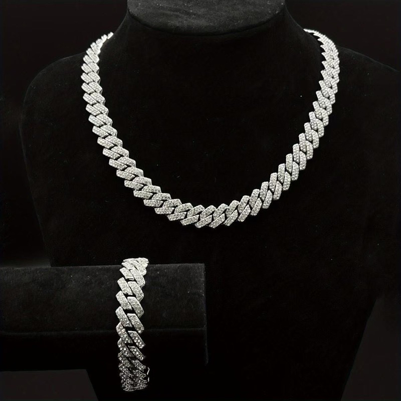 (Combo 4 món) Combo dây chuyền và lắc tay cuban đính đá tặng kèm 2 nhẫn bling cz - ver2